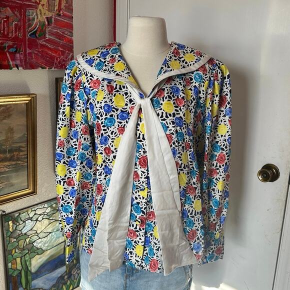 frank young silk rose floral multicolored button up blouse - Picture 1 of 3
